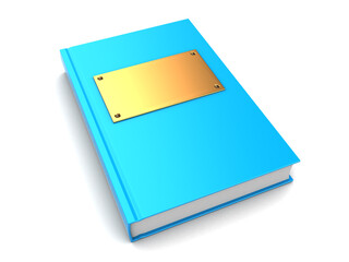 3d illustration of book with goplden plate on cover, over white background