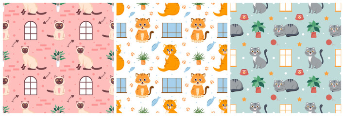 Set of Cats Animals Seamless Pattern Design with Cat Element in Template Hand Drawn Cartoon Flat Illustration