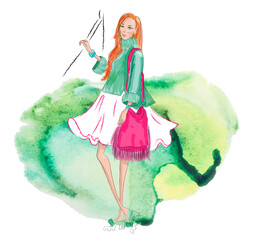 Girl in beautiful and romantic outfit on watercolor background. Fashion look