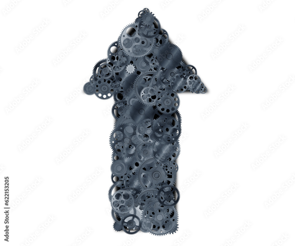 Aufkleber system of gears that form an arrow. 3d rendering