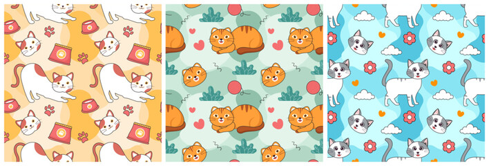 Set of Cats Animals Seamless Pattern Design with Cat Element in Template Hand Drawn Cartoon Flat Illustration
