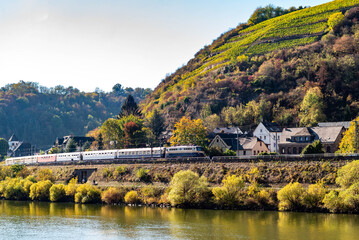 Regional train passing the yellow vineyards in autmn close the moselle river in Kobern Germany