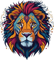 Colorful lion face drawing vibrant vivid colored t-shirt design vector illustrations. Radiant lion beauty
