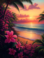 tropical sunset on the beach with palm trees and tropical flower illustration