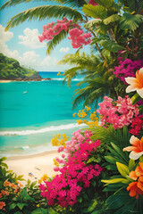 Fototapeta na wymiar tropical flowers and palm trees on the beach, summer vibe illustration