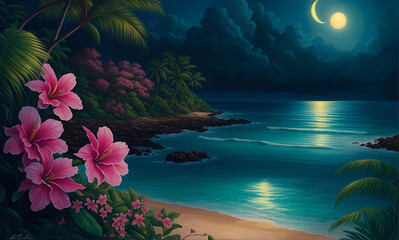 Fototapeta na wymiar tropical paradise island and beach at night