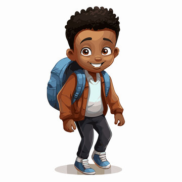 simple cartoon clipart black african american boy student child going to school white background