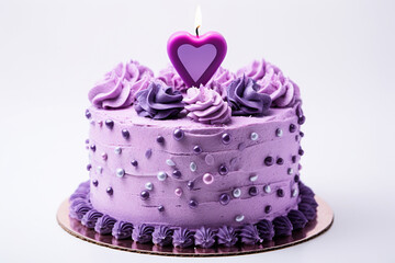 Purple birthday cake in the shape of love on a white background
