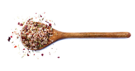 Homemade Herb and Spices Salt with Dried Chili Pepper, Rosemary, Thyme and Coriander in Wooden...