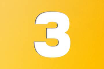 number cut paper 3 yellow isolated on transparent background