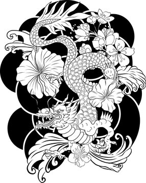 hand drawn Dragon tattoo ,coloring book japanese style.Japanese old dragon for tattoo.Symbol of chinese dragon illustration on background for T-shirt. Traditional Asian tattoo the old dragon vector.