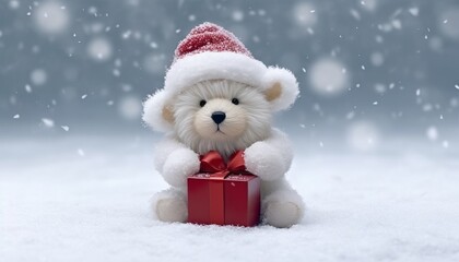 Cute little white bear with red gift box on snow. Christmas love concept. Copy space
