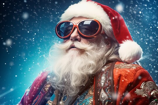 Santa Claus in futuristic cloth. Christmas holiday fashion concept