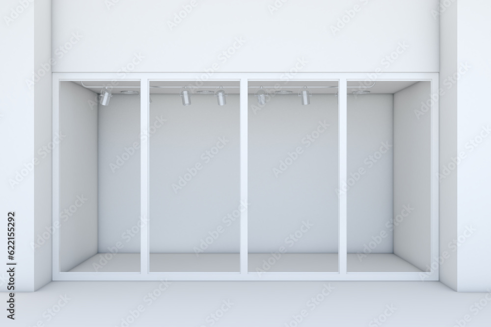 Poster shopfront with large windows. white store facade. 3d rendering