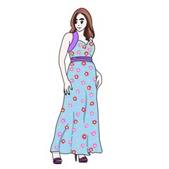 Cartoon painting Beautiful girl with long hair Wearing a long blue dress with colorful floral patterns.