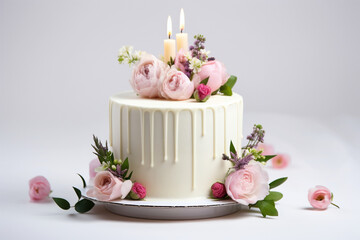 white color birthday cake with flowers on white background