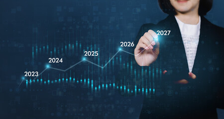 Business growing in 2023-2027. Analytical businessman planning business growth 2023, strategy...