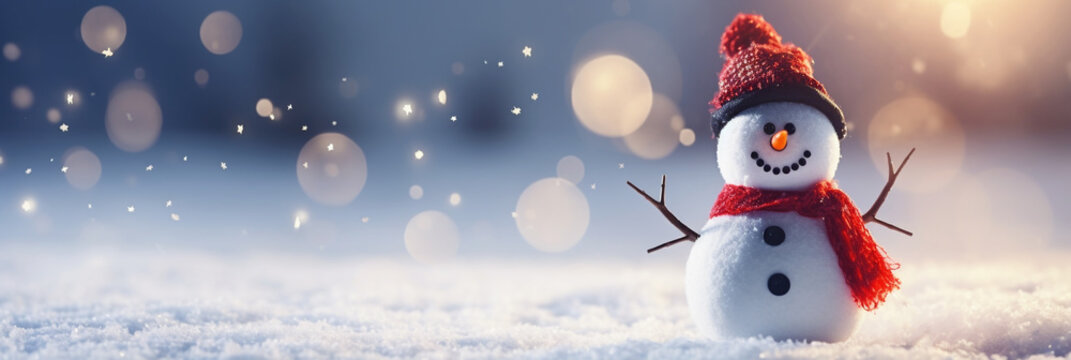Happy cute snowman with red scarf and hat on the snow - Generative AI