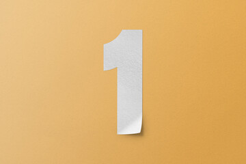 White paper type paper alphabet number 1 isolated on orange background. - obrazy, fototapety, plakaty