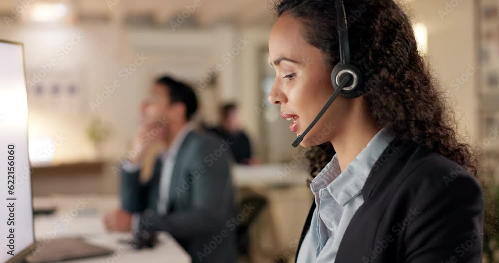 Wall mural Call center, woman and communication at computer for customer service, contact or consultant working late. Female telemarketing agent consulting at desktop for CRM questions, sales support or advice