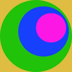 Multi-colored circles are mixed into square, pink, blue, green and yellow.