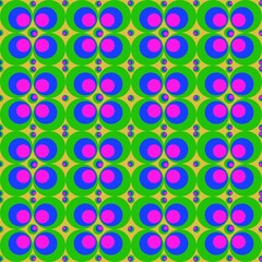 Multi-colored circles are mixed into square, pink, blue, green and yellow.