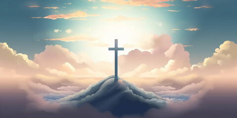A cross on top of a mountain protruding from the clouds. Generative AI