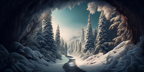 A path in a dense snowy winter forest and in the evening light. Generative AI