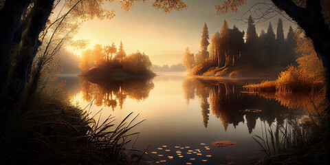 A small beautiful forest secluded wild lake in the rays of the rising or setting sun. Generative AI