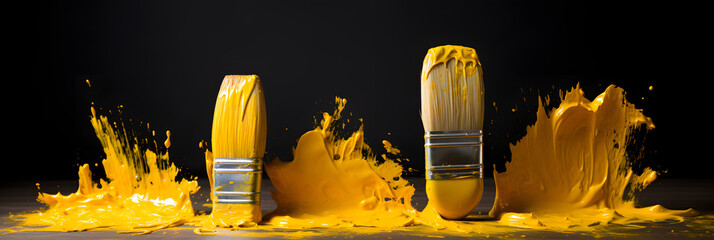 set of brushes, brushes with yellow paint, brush white yellow, wall art design brush silver yellow