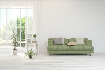 Bright interior design with modern furniture and summer landscape in window. 3D illustration