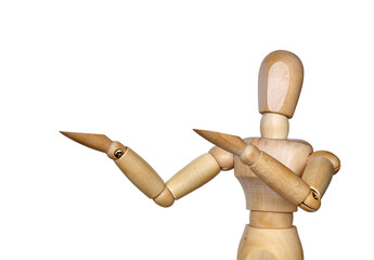 Wooden man with hands turned in the same direction on white background