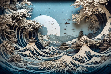 A paper-cut illustration of a wave with mountains and a Chinese pagoda in the background. Paper quilling, paper cutting.