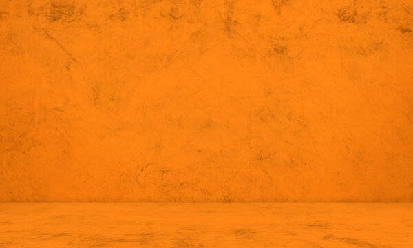 Studio Room Summer Background, Orange Wall Floor Cement Loft, Empty Table Product Cosmetic Tropical