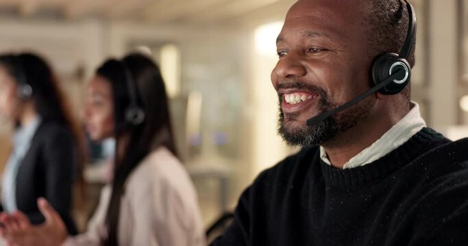Call center, black man and consulting at computer for customer service, contact us and working late. Happy male telemarketing agent at help desk for CRM questions, sales advisory or technical support