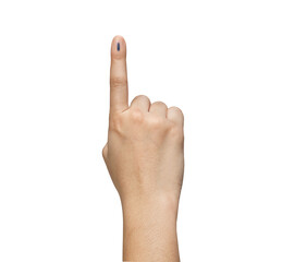 Female Indian Voter Hand with a voting sign or ink pointing vote for India on background with copy...