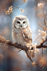 Beautiful Owl on the Branch of a Blooming Tree