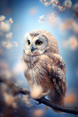 Beautiful Owl on the Branch of a Blooming Tree