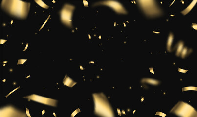 Glitter gold confetti and serpentine on black background. Sparkling confetti particles. Festive premium for holiday, celebration, New year, promotions, events, party, birthday, valentines day. Vector.