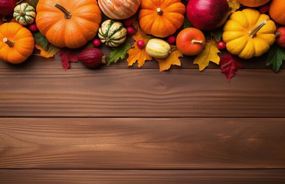 wooden background with pumpkins and autumn leaves
