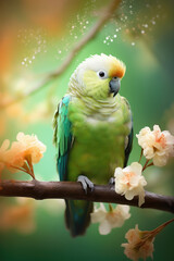 Beautiful Parrot on the on the Branch of a Blooming Tree