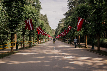 Park alley with lot of Latvian flags hanged out. Mezparks in Latvia, Baltic States