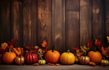 wooden background with pumpkins and autumn leaves
