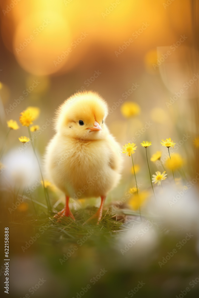 Wall mural cute chick on the meadow