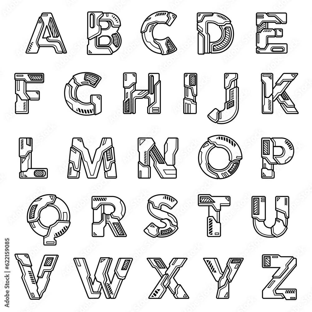 Poster alphabet font abc robot machine mechanical style typeface cyborg uppercase lettering