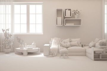 White living room concept with sofa. 3D illustration