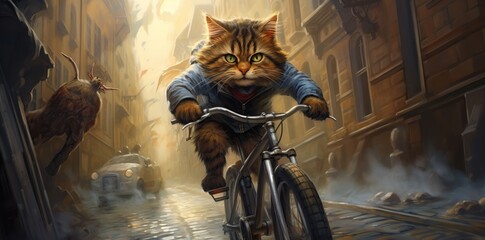Fototapeta na wymiar Angry Cat riding a bicycle illustration energetic look