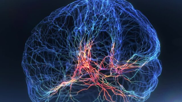 Neurons glowing inside human brain, closeup of nerve connections.