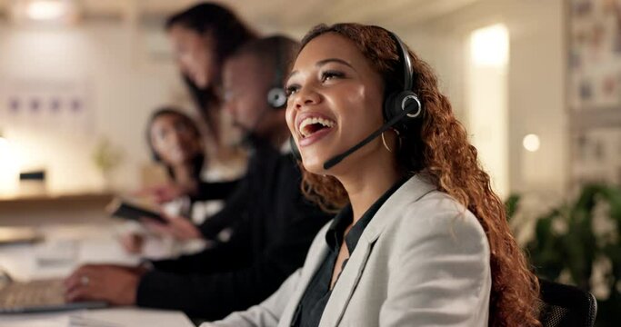 Call center, woman and customer service for happy sales contact, telecom support and working late at computer. Female telemarketing agent, communication and CRM advisory at help desk in busy office