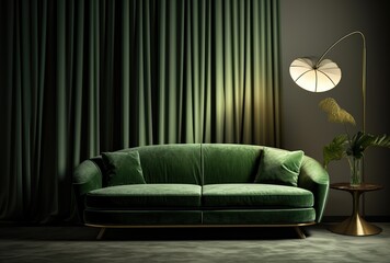 modern living room with green sofa and green wall
